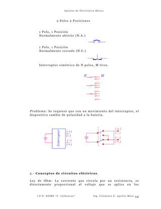 A p u n t e s d e E l e c t r ó n i c a B á s i c a
2 Polos 2 Posiciones
1 Polo, 1 Posición
Normalmente abierto (N.A.)
1 Polo, 1 Posición
Normalmente cerrado (N.C.)
Interruptor simétrico de N polos, M tiros.
Problema: Se requiere que con un movimiento del interruptor, el
dispositivo cambie de polaridad a la batería.
3.- Conceptos de circuitos eléctricos.
Ley de Ohm: La corriente que circula por un resistencia, es
directamente proporcional al voltaje que se aplica en los
I . P . N . E S I M E “ U . C u l h u a c a n ” I n g . C e l e d o n i o E . A g u i l a r M e z a
- -
12
 