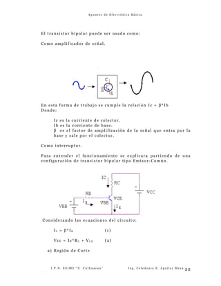 A p u n t e s d e E l e c t r ó n i c a B á s i c a
El transistor bipolar puede ser usado como:
Como amplificador de señal.
En esta forma de trabajo se cumple la relación Ic = β*Ib
Donde:
Ic es la corriente de colector.
Ib es la corriente de base.
β es el factor de amplificación de la señal que entra por la
base y sale por el colector.
Como interruptor.
Para entender el funcionamiento se explicara partiendo de una
configuración de transistor bipolar tipo Emisor-Común.
Considerando las ecuaciones del circuito:
IC = β*IB (1)
Vcc = Ic*RC + VC E (2)
a) Región de Corte
I . P . N . E S I M E “ U . C u l h u a c a n ” I n g . C e l e d o n i o E . A g u i l a r M e z a
- -
22
 