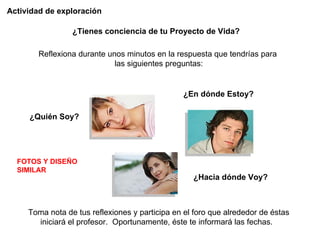 ¿Quién Soy?  Actividad de exploración  ¿Hacia dónde Voy? ¿En dónde Estoy? ¿Tienes conciencia de tu Proyecto de Vida? Reflexiona durante unos minutos en la respuesta que tendrías para  las siguientes preguntas: Toma nota de tus reflexiones y participa en el foro que alrededor de éstas iniciará el profesor.  Oportunamente, éste te informará las fechas.  FOTOS Y DISEÑO SIMILAR 