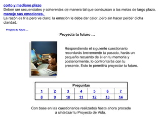 corto y mediano plazo Deben ser secuenciales y coherentes de manera tal que conduzcan a las metas de largo plazo. maneje sus emociones.  La razón es fría pero ve claro; la emoción le debe dar calor, pero sin hacer perder dicha claridad. Respondiendo el siguiente cuestionario recordarás brevemente tu pasado, harás un pequeño recuento de él en tu memoria y posteriormente, lo confrontarás con tu presente. Esto te permitirá proyectar tu futuro. Proyecta tu futuro … Proyecta tu futuro … Con base en las cuestionarios realizados hasta ahora procede a sintetizar tu Proyecto de Vida.  Preguntas 1 2 3 4 5 6 7 8 9 10 11 12 13 14 