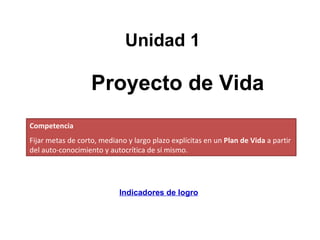 Unidad 1 Competencia Fijar metas de corto, mediano y largo plazo explícitas en un  Plan de Vida  a partir del   auto-conocimiento y autocrítica de sí mismo.  Proyecto de Vida Indicadores de logro 