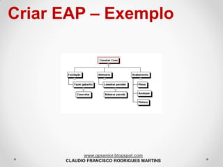 Criar EAP – Exemplo

www.gpsenior.blogspot.com
CLAUDIO FRANCISCO RODRIGUES MARTINS

 