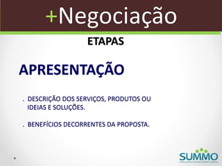 +Negociação
                  ETAPAS

APRESENTAÇÃO
. DESCRIÇÃO DOS SERVIÇOS, PRODUTOS OU
  IDEIAS E SOLUÇÕES.

. BENEFÍCIOS DECORRENTES DA PROPOSTA.
 
