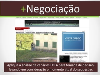 +Negociação



Aplique a análise de cenários FOFA para tomada de decisão,
 levando em consideração o momento atual do sequestro.
 