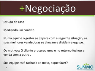 +Negociação
Estudo de caso

Mediando um conflito

Numa equipe o gestor se depara com a seguinte situação, as
suas melhores vendedoras se chocam e dividem a equipe.

Os motivos: O cliente procurou uma e no retorno fechou a
venda com a outra .

Sua equipe está rachada ao meio, o que fazer?
 