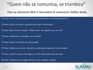 “Quem não se comunica, se trumbica”
       Para se relacionar bem é necessário se comunicar melhor ainda.
1º Passo: Livre-se de preconceitos e filtros que interferem nos estímulos externos.

2º Passo: Tome a iniciativa e aprenda tudo sobre o interlocutor

3º Passo: Seja um bom receptor. “Existiria som, sem alguém para ouvi-lo?”

4º Passo: Interprete as mensagens com cuidado

5º Passo: Defina o propósito da comunicação

6º Passo: Adapte-se ao meio, evitando os ruídos que atrapalham a comunicação

7º Passo: Lembre-se que a mensagem é o mais importante neste processo

8º Passo: Transmita a mensagem de forma clara, objetiva e segura
 
