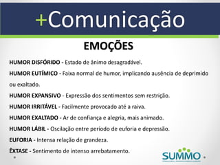 +Comunicação
                            EMOÇÕES
HUMOR DISFÓRIDO - Estado de ânimo desagradável.
HUMOR EUTÍMICO - Faixa normal de humor, implicando ausência de deprimido
ou exaltado.
HUMOR EXPANSIVO - Expressão dos sentimentos sem restrição.
HUMOR IRRITÁVEL - Facilmente provocado até a raiva.
HUMOR EXALTADO - Ar de confiança e alegria, mais animado.
HUMOR LÁBIL - Oscilação entre período de euforia e depressão.
EUFORIA - Intensa relação de grandeza.
ÊXTASE - Sentimento de intenso arrebatamento.
 