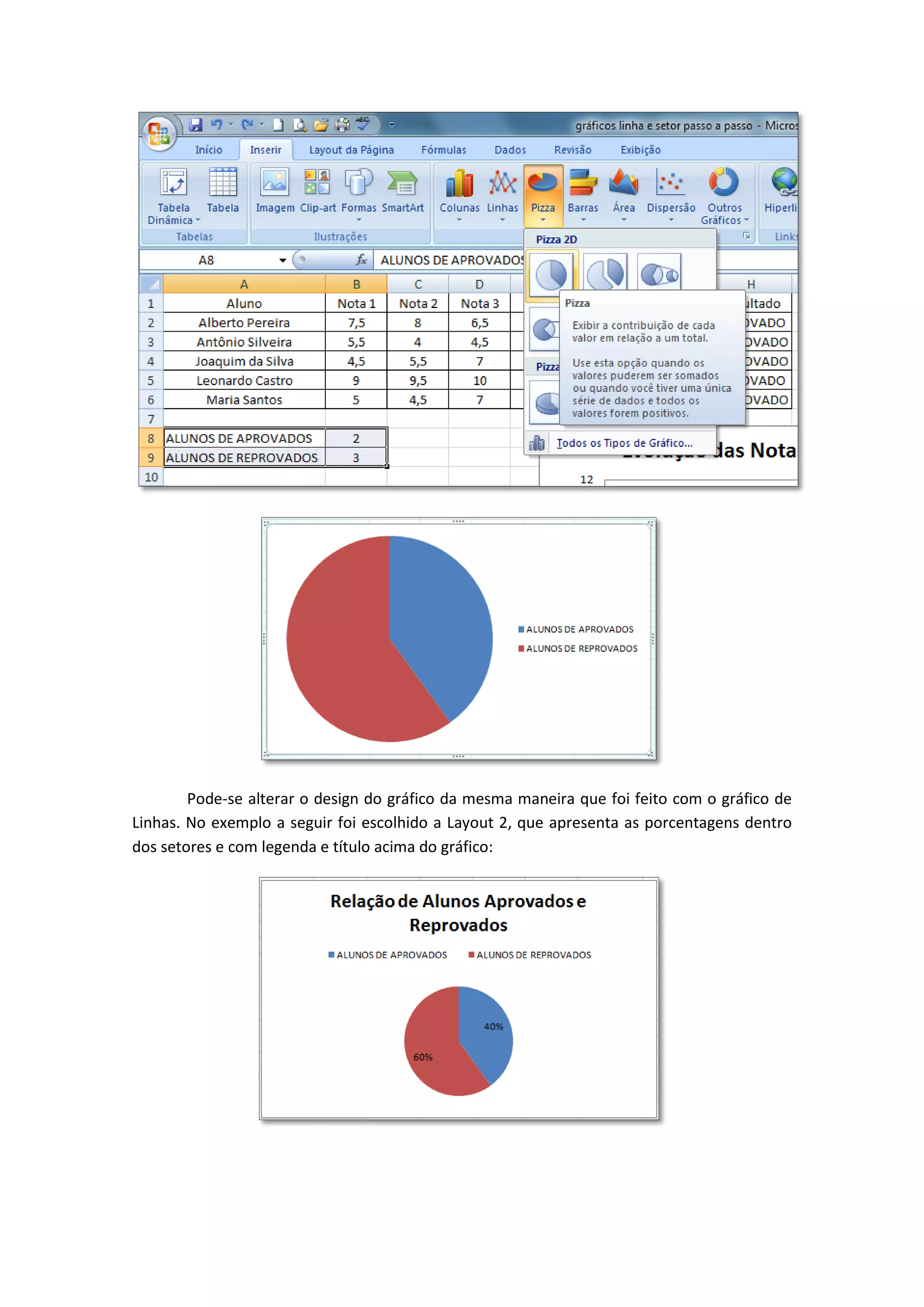 Pode-se alterar o design do gráfico da mesma maneira que foi feito com o gráfico de Linhas. No exemplo a seguir foi escolhido a Layout 2, que apresenta as porcentagens dentro dos setores e com legenda e título acima do gráfico: 
 