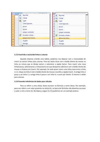 1.2.3 Inserindo e excluindo linhas e colunas
Quando estamos criando uma tabela, podemos nos deparar com a necessidade de
inserir ou excluir linhas e/ou colunas. Para tal, basta clicar com o botão direito do mouse na
linha ou coluna que se deseja excluir e selecionar a opção Excluir. Para inserir uma nova
linha/coluna, selecionamos a linha/coluna em que desejamos adicionar com o botão direito do
mouse e clicamos em Inserir. Por exemplo: Se você quiser inserir uma linha nova entre a linha
1 e 2, clique na linha 2 com o botão direito do mouse e escolha a opção Inserir. A antiga linha 2
passa a ser linha 3, a antiga linha 3 passa a ser linha 4, e assim por diante. O mesmo é válido
para colunas.
1.2.4 Fazendo referências de dados para cálculos
Para se referir a uma célula, basta escrever na fórmula o nome desta. Por exemplo,
para nos referir a um valor presente na célula A1, na barra de fórmulas não devemos escrever
o valor, e sim o nome A1. No tópico a seguir (1.2.5) podemos ver um exemplo prático.
 