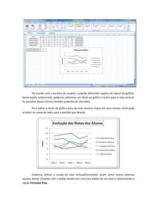 De acordo com a escolha do usuário, surgirão diferentes opções de layout de gráfico.
Nesta opção selecionada, podemos adicionar um título ao gráfico e outro para o eixo vertical.
As posições desses títulos também poderão ser alteradas.
Para editar o título do gráfico e/ou do eixo vertical, clique em seus nomes. Você pode
arrastar as caixas de texto para a posição que desejar.
Podemos alterar a escala do eixo vertical/horizontal, assim como outros diversos
ajustes destes clicando com o botão direito em cima dos dados de um eixo e selecionando a
opção Formatar Eixo.
 
