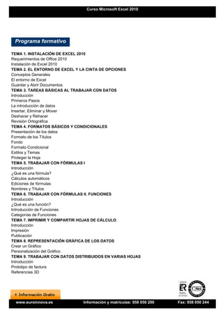 Curso Microsoft Excel 2010




 Programa formativo

TEMA 1. INSTALACIÓN DE EXCEL 2010
Requerimientos de Office 2010
Instalación de Excel 2010
TEMA 2. EL ENTORNO DE EXCEL Y LA CINTA DE OPCIONES
Conceptos Generales
El entorno de Excel
Guardar y Abrir Documentos
TEMA 3. TAREAS BÁSICAS AL TRABAJAR CON DATOS
Introducción
Primeros Pasos
La introducción de datos
Insertar, Eliminar y Mover
Deshacer y Rehacer
Revisión Ortográfica
TEMA 4. FORMATOS BÁSICOS Y CONDICIONALES
Presentación de los datos
Formato de los Títulos
Fondo
Formato Condicional
Estilos y Temas
Proteger la Hoja
TEMA 5. TRABAJAR CON FÓRMULAS I
Introducción
¿Qué es una fórmula?
Cálculos automáticos
Ediciones de fórmulas
Nombres y Títulos
TEMA 6. TRABAJAR CON FÓRMULAS II. FUNCIONES
Introducción
¿Qué es una función?
Introducción de Funciones
Categorías de Funciones
TEMA 7. IMPRIMIR Y COMPARTIR HOJAS DE CÁLCULO
Introducción
Impresión
Publicación
TEMA 8. REPRESENTACIÓN GRÁFICA DE LOS DATOS
Crear un Gráfico
Personalización del Gráfico
TEMA 9. TRABAJAR CON DATOS DISTRIBUIDOS EN VARIAS HOJAS
Introducción
Prototipo de factura
Referencias 3D




 www.euroinnova.es            Información y matrículas: 958 050 200   Fax: 958 050 244
 