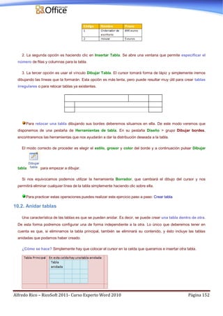 Alfredo Rico – RicoSoft 2011- Curso Experto Word 2010 Página 152
2. La segunda opción es haciendo clic en Insertar Tabla. Se abre una ventana que permite especificar el
número de filas y columnas para la tabla.
3. La tercer opción es usar el vínculo Dibujar Tabla. El cursor tomará forma de lápiz y simplemente iremos
dibujando las líneas que la formarán. Esta opción es más lenta, pero puede resultar muy útil para crear tablas
irregulares o para retocar tablas ya existentes.
Para retocar una tabla dibujando sus bordes deberemos situarnos en ella. De este modo veremos que
disponemos de una pestaña de Herramientas de tabla. En su pestaña Diseño > grupo Dibujar bordes,
encontraremos las herramientas que nos ayudarán a dar la distribución deseada a la tabla.
El modo correcto de proceder es elegir el estilo, grosor y color del borde y a continuación pulsar Dibujar
tabla para empezar a dibujar.
Si nos equivocamos podemos utilizar la herramienta Borrador, que cambiará el dibujo del cursor y nos
permitirá eliminar cualquier línea de la tabla simplemente haciendo clic sobre ella.
Para practicar estas operaciones puedes realizar este ejercicio paso a paso: Crear tabla
10.2. Anidar tablas
Una característica de las tablas es que se pueden anidar. Es decir, se puede crear una tabla dentro de otra.
De esta forma podremos configurar una de forma independiente a la otra. Lo único que deberemos tener en
cuenta es que, si eliminamos la tabla principal, también se eliminará su contenido, y ésto incluye las tablas
anidadas que podamos haber creado.
¿Cómo se hace? Simplemente hay que colocar el cursor en la celda que queramos e insertar otra tabla.
 