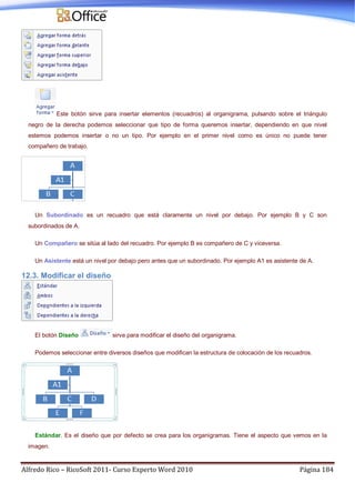 Alfredo Rico – RicoSoft 2011- Curso Experto Word 2010 Página 184
Este botón sirve para insertar elementos (recuadros) al organigrama, pulsando sobre el triángulo
negro de la derecha podemos seleccionar que tipo de forma queremos insertar, dependiendo en que nivel
estemos podemos insertar o no un tipo. Por ejemplo en el primer nivel como es único no puede tener
compañero de trabajo.
Un Subordinado es un recuadro que está claramente un nivel por debajo. Por ejemplo B y C son
subordinados de A.
Un Compañero se sitúa al lado del recuadro. Por ejemplo B es compañero de C y viceversa.
Un Asistente está un nivel por debajo pero antes que un subordinado. Por ejemplo A1 es asistente de A.
12.3. Modificar el diseño
El botón Diseño sirve para modificar el diseño del organigrama.
Podemos seleccionar entre diversos diseños que modifican la estructura de colocación de los recuadros.
Estándar. Es el diseño que por defecto se crea para los organigramas. Tiene el aspecto que vemos en la
imagen.
 
