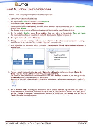 Alfredo Rico – RicoSoft 2011- Curso Experto Word 2010 Página 369
Unidad 12. Ejercicio: Crear un organigrama
Vamos a crear un organigrama típico en el ámbito empresarial.
1. Abre un nuevo documento en blanco.
2. En la pestaña Insertar selecciona la opción SmartArt.
Aparece el diálogo Elegir un gráfico SmartArt.
3. Selecciona la categoría Jerarquía y escoge el primer elemento que se corresponde con un Organigrama.
Luego, pulsa Aceptar.
Se dibuja el organigrama en el documento y aparecen sus pestañas específicas en la cinta.
4. En la pestaña Diseño, grupo Crear gráfico, haz clic sobre la herramienta Panel de texto.
Se mostrará el panel con el esquema de contenido del diagrama. Trabajaremos con él.
5. En el primer elemento, escribe Dirección.
6. El segundo elemento es de tipo asistente, no un subordinado. En este caso no lo necesitamos, así que
hacemos clic en él y pulsamos dos veces RETROCESO para eliminarlo.
7. Los siguientes tres elementos serán, por orden, Departamento RRHH, Departamento financiero y
Producción.
8. Vamos a añadir los subordinados Mercado y Marketing a Dirección. Lo haremos desde el Panel de
texto. Para ello, haz clic al final del texto Producción y pulsa INTRO.
Se creará un nuevo elemento donde podrás introducir el texto Mercado. Pulsa INTRO de nuevo y escribe
Marketing. Observa cómo ha cambiado el diagrama.
Esto mismo se podría haber realizado gráficamente, seleccionando el elemento padre y pulsando el botón
9. En el Panel de texto, sitúa el punto de inserción tras la palabra Mercado y pulsa INTRO. Se creará un
nuevo elemento al mismo nivel. Para indicar que se trata de un subordinado, pulsa la tecla TAB. Ahora,
escribe Compra. Pulsa INTRO y se creará otro elemento al mismo nivel que Compra, esta vez escribe
Venta. El resultado será el siguiente:
 