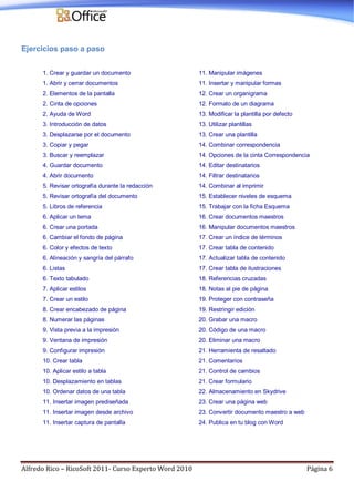 Alfredo Rico – RicoSoft 2011- Curso Experto Word 2010 Página 6
Ejercicios paso a paso
1. Crear y guardar un documento
1. Abrir y cerrar documentos
2. Elementos de la pantalla
2. Cinta de opciones
2. Ayuda de Word
3. Introducción de datos
3. Desplazarse por el documento
3. Copiar y pegar
3. Buscar y reemplazar
4. Guardar documento
4. Abrir documento
5. Revisar ortografía durante la redacción
5. Revisar ortografía del documento
5. Libros de referencia
6. Aplicar un tema
6. Crear una portada
6. Cambiar el fondo de página
6. Color y efectos de texto
6. Alineación y sangría del párrafo
6. Listas
6. Texto tabulado
7. Aplicar estilos
7. Crear un estilo
8. Crear encabezado de página
8. Numerar las páginas
9. Vista previa a la impresión
9. Ventana de impresión
9. Configurar impresión
10. Crear tabla
10. Aplicar estilo a tabla
10. Desplazamiento en tablas
10. Ordenar datos de una tabla
11. Insertar imagen prediseñada
11. Insertar imagen desde archivo
11. Insertar captura de pantalla
11. Manipular imágenes
11. Insertar y manipular formas
12. Crear un organigrama
12. Formato de un diagrama
13. Modificar la plantilla por defecto
13. Utilizar plantillas
13. Crear una plantilla
14. Combinar correspondencia
14. Opciones de la cinta Correspondencia
14. Editar destinatarios
14. Filtrar destinatarios
14. Combinar al imprimir
15. Establecer niveles de esquema
15. Trabajar con la ficha Esquema
16. Crear documentos maestros
16. Manipular documentos maestros
17. Crear un índice de términos
17. Crear tabla de contenido
17. Actualizar tabla de contenido
17. Crear tabla de ilustraciones
18. Referencias cruzadas
18. Notas al pie de página
19. Proteger con contraseña
19. Restringir edición
20. Grabar una macro
20. Código de una macro
20. Eliminar una macro
21. Herramienta de resaltado
21. Comentarios
21. Control de cambios
21. Crear formulario
22. Almacenamiento en Skydrive
23. Crear una página web
23. Convertir documento maestro a web
24. Publica en tu blog con Word
 
