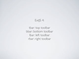 ExtJS 4:

  tbar: top toolbar
bbar: bottom toolbar
  lbar: left toolbar
 rbar: right toolbar
 