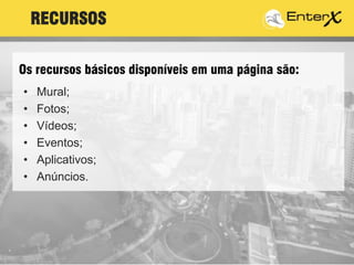 • Mural;
• Fotos;
• Vídeos;
• Eventos;
• Aplicativos;
• Anúncios.
RECURSOS
Os recursos básicos disponíveis em uma página são:
 