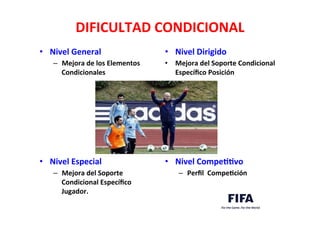 DIFICULTAD	
  CONDICIONAL	
  
•  Nivel	
  General	
  
–  Mejora	
  de	
  los	
  Elementos	
  
Condicionales	
  
	
  
	
  
	
  
•  Nivel	
  Especial	
  
–  Mejora	
  del	
  Soporte	
  
Condicional	
  Especíﬁco	
  
Jugador.	
  
	
  
•  Nivel	
  Dirigido	
  	
  
•  Mejora	
  del	
  Soporte	
  Condicional	
  
Especíﬁco	
  Posición	
  
	
  
•  Nivel	
  CompeLLvo	
  
–  Perﬁl	
  	
  CompeLción	
  
 