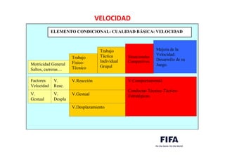 VELOCIDAD	
  
ELEMENTO CONDICIONAL: CUALIDAD BÁSICA: VELOCIDAD
Motricidad General
Saltos, carreras…
Mejora de la
Velocidad:
Desarrollo de su
Juego.
Trabajo
Físico-
Técnico
Trabajo
Táctica
Individual
Grupal
Situacionales
Competitivos
Factores
Velocidad
V.
Reac.
V.
Gestual
V.
Despla
V.Reacción
V.Gestual
V.Desplazamiento
V.Comportamental:
Conductas Técnico-Táctico-
Estratégicas.
 