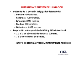 DISTANCIA	
  Y	
  PUESTO	
  DEL	
  JUGADOR	
  
•  Depende	
  de	
  la	
  posición	
  del	
  jugador	
  destacando:	
  	
  
–  Portero:	
  4000	
  metros.	
  
–  Centrales:	
  7759	
  metros.	
  
–  Laterales:	
  8245	
  metros.	
  
–  Medios:	
  9805	
  metros.	
  
–  Delanteros:	
  8397	
  metros	
  	
  
•  Proporción	
  entre	
  ejercicio	
  de	
  BAJA	
  y	
  ALTA	
  intensidad	
  	
  
–  2.2	
  a	
  1,	
  en	
  términos	
  de	
  distancia	
  cubierta.	
  	
  
–  7	
  a	
  1	
  en	
  términos	
  de	
  Lempo.	
  	
  
GASTO	
  DE	
  ENERGÍA	
  PREDOMINANTEMENTE	
  AERÓBICO	
  
 