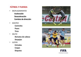 FÚTBOL	
  Y	
  FUERZA	
  
	
  
•  DESPLAZAMIENTO	
  
	
  	
  	
  	
  	
  	
  	
  	
  	
  	
  	
  Aceleración	
  
	
  	
  	
  	
  	
  	
  	
  	
  	
  	
  	
  Desaceleración	
  
	
  	
  	
  	
  	
  	
  	
  	
  	
  	
  	
  Cambios	
  de	
  dirección	
  
	
  
•  GOLPEO	
  
	
  	
  	
  	
  	
  	
  	
  	
  	
  	
  	
  	
  Controles	
  
	
  	
  	
  	
  	
  	
  	
  	
  	
  	
  	
  	
  Pases	
  
	
  	
  	
  	
  	
  	
  	
  	
  	
  	
  	
  	
  Tiros	
  
•  SALTO	
  
	
  	
  	
  	
  	
  	
  	
  	
  	
  	
  	
  	
  Remates	
  de	
  cabeza	
  
	
  	
  	
  	
  	
  	
  	
  	
  	
  	
  	
  	
  Despejes	
  
•  LUCHA	
  
	
  	
  	
  	
  	
  	
  	
  	
  	
  	
  	
  	
  Entradas	
  
	
  	
  	
  	
  	
  	
  	
  	
  	
  	
  	
  	
  Cargas	
  
	
  	
  	
  	
  	
  	
  	
  	
  	
  	
  	
  	
  Disputas	
  	
  
 