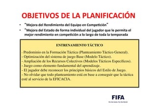 OBJETIVOS	
  DE	
  LA	
  PLANIFICACIÓN	
  
•  “Mejora	
  del	
  Rendimiento	
  del	
  Equipo	
  en	
  CompeLción”	
  
•  “Mejora	
  del	
  Estado	
  de	
  forma	
  individual	
  del	
  jugador	
  que	
  le	
  permita	
  el	
  
mejor	
  rendimiento	
  en	
  compeLción	
  a	
  lo	
  largo	
  de	
  toda	
  la	
  temporada	
  
	

ENTRENAMIENTO TÁCTICO	

	

- Predominio en la Formación Táctica (Planteamiento Táctico General).	

- Optimización del sistema de juego Base (Modelo Táctico).	

- Ampliación de los Recursos Colectivos (Modelos Tácticos Especíﬁcos).	

- Juego como elemento fundamental del aprendizaje.	

- El jugador debe reconocer los principios básicos del Estilo de Juego.	

- No olvidar que todo planteamiento está en base a conseguir que la táctica
esté al servicio de la EFICACIA.	

	

	

 