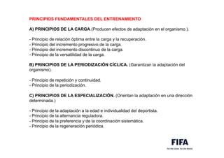 PRINCIPIOS FUNDAMENTALES DEL ENTRENAMIENTO
A) PRINCIPIOS DE LA CARGA.(Producen efectos de adaptación en el organismo.).
- Principio de relación óptima entre la carga y la recuperación.
- Principio del incremento progresivo de la carga.
- Principio del incremento discontinuo de la carga.
- Principio de la versatilidad de la carga.
B) PRINCIPIOS DE LA PERIODIZACIÓN CÍCLICA. (Garantizan la adaptación del
organismo).
- Principio de repetición y continuidad.
- Principio de la periodización.
C) PRINCIPIOS DE LA ESPECIALIZACIÓN. (Orientan la adaptación en una dirección
determinada.)
- Principio de la adaptación a la edad e individualidad del deportista.
- Principio de la alternancia reguladora.
- Principio de la preferencia y de la coordinación sistemática.
- Principio de la regeneración periódica.
 