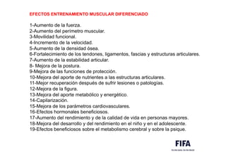 EFECTOS ENTRENAMIENTO MUSCULAR DIFERENCIADO
.
1-Aumento de la fuerza.
2-Aumento del perímetro muscular.
3-Movilidad funcional.
4-Incremento de la velocidad.
5-Aumento de la densidad ósea.
6-Fortalecimiento de los tendones, ligamentos, fascias y estructuras articulares.
7-Aumento de la estabilidad articular.
8- Mejora de la postura.
9-Mejora de las funciones de protección.
10-Mejora del aporte de nutrientes a las estructuras articulares.
11-Mejor recuperación después de sufrir lesiones o patologías.
12-Mejora de la figura.
13-Mejora del aporte metabólico y energético.
14-Capilarización.
15-Mejora de los parámetros cardiovasculares.
16-Efectos hormonales beneficiosos.
17-Aumento del rendimiento y de la calidad de vida en personas mayores.
18-Mejora del desarrollo y del rendimiento en el niño y en el adolescente.
19-Efectos beneficiosos sobre el metabolismo cerebral y sobre la psique.
 