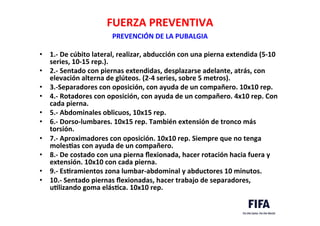 FUERZA	
  PREVENTIVA	
  
PREVENCIÓN	
  DE	
  LA	
  PUBALGIA	
  
	
  
•  1.-­‐	
  De	
  cúbito	
  lateral,	
  realizar,	
  abducción	
  con	
  una	
  pierna	
  extendida	
  (5-­‐10	
  
series,	
  10-­‐15	
  rep.).	
  
•  2.-­‐	
  Sentado	
  con	
  piernas	
  extendidas,	
  desplazarse	
  adelante,	
  atrás,	
  con	
  
elevación	
  alterna	
  de	
  glúteos.	
  (2-­‐4	
  series,	
  sobre	
  5	
  metros).	
  
•  3.-­‐Separadores	
  con	
  oposición,	
  con	
  ayuda	
  de	
  un	
  compañero.	
  10x10	
  rep.	
  
•  4.-­‐	
  Rotadores	
  con	
  oposición,	
  con	
  ayuda	
  de	
  un	
  compañero.	
  4x10	
  rep.	
  Con	
  
cada	
  pierna.	
  
•  5.-­‐	
  Abdominales	
  oblicuos,	
  10x15	
  rep.	
  
•  6.-­‐	
  Dorso-­‐lumbares.	
  10x15	
  rep.	
  También	
  extensión	
  de	
  tronco	
  más	
  
torsión.	
  	
  
•  7.-­‐	
  Aproximadores	
  con	
  oposición.	
  10x10	
  rep.	
  Siempre	
  que	
  no	
  tenga	
  
molesLas	
  con	
  ayuda	
  de	
  un	
  compañero.	
  
•  8.-­‐	
  De	
  costado	
  con	
  una	
  pierna	
  ﬂexionada,	
  hacer	
  rotación	
  hacia	
  fuera	
  y	
  
extensión.	
  10x10	
  con	
  cada	
  pierna.	
  
•  9.-­‐	
  EsLramientos	
  zona	
  lumbar-­‐abdominal	
  y	
  abductores	
  10	
  minutos.	
  
•  10.-­‐	
  Sentado	
  piernas	
  ﬂexionadas,	
  hacer	
  trabajo	
  de	
  separadores,	
  
uLlizando	
  goma	
  elásLca.	
  10x10	
  rep.	
  
 