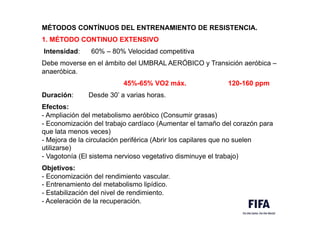 MÉTODOS CONTÍNUOS DEL ENTRENAMIENTO DE RESISTENCIA..
M
1. MÉTODO CONTINUO EXTENSIVO.
Intensidad: 60% – 80% Velocidad competitiva
MMM.M
Debe moverse en el ámbito del UMBRAL AERÓBICO y Transición aeróbica –
anaeróbica.
45%-65% VO2 máx. 120-160 ppm
MM.
Duración: Desde 30’ a varias horas.
Efectos:
- Ampliación del metabolismo aeróbico (Consumir grasas)
- Economización del trabajo cardíaco (Aumentar el tamaño del corazón para
que lata menos veces)
- Mejora de la circulación periférica (Abrir los capilares que no suelen
utilizarse)
- Vagotonía (El sistema nervioso vegetativo disminuye el trabajo)
Objetivos:
- Economización del rendimiento vascular.
- Entrenamiento del metabolismo lipídico.
- Estabilización del nivel de rendimiento.
- Aceleración de la recuperación.
 
