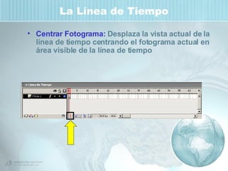La Línea de Tiempo Centrar Fotograma:  Desplaza la vista actual de la línea de tiempo centrando el fotograma actual en área visible de la línea de tiempo 