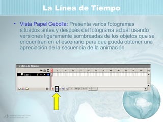 La Línea de Tiempo Vista Papel Cebolla:  Presenta varios fotogramas situados antes y después del fotograma actual usando versiones ligeramente sombreadas de los objetos que se encuentran en el escenario para que pueda obtener una apreciación de la secuencia de la animación 