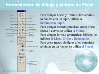 Herramientas de dibujo y pintura de Flash Para dibujar líneas y formas libres como si lo hiciera con un lápiz, utilice la  herramienta Lápiz.  Para dibujar trazados precisos como líneas rectas o curvas se utiliza la  Pluma.  Para dibujar formas geométricas básicas, se utilizan la  Línea, Óvalo y Rectángulo .  Para crear trazos similares a los obtenidos al pintar en un lienzo, se utiliza  el Pincel. 