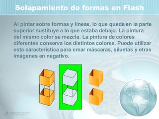Solapamiento de formas en Flash Al pintar sobre formas y líneas, lo que queda en la parte superior sustituye a lo que estaba debajo. La pintura del mismo color se mezcla. La pintura de colores diferentes conserva los distintos colores. Puede utilizar esta característica para crear máscaras, siluetas y otras imágenes en negativo.  