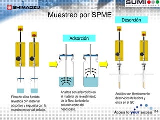 114
Muestreo por SPME
Fibra de sílica fundida
revestida con material
adsortivo y expuesta con la
muestra en un vial sellado.
Analitos son adsorbidos en
el material de revestimiento
de la fibra, tanto de la
solución como del
headspace.
Analitos son térmicamente
desorvidos de la fibra y
entra en el GC
Adsorción
Desorción
 