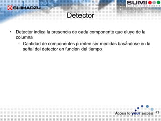 43
Detector
• Detector indica la presencia de cada componente que eluye de la
columna
– Cantidad de componentes pueden ser medidas basándose en la
señal del detector en función del tiempo
 