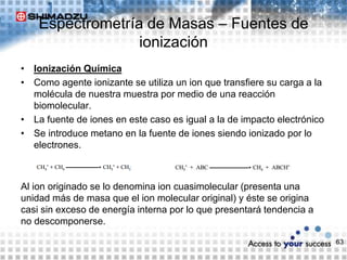 • Ionización Química
• Como agente ionizante se utiliza un ion que transfiere su carga a la
molécula de nuestra muestra por medio de una reacción
biomolecular.
• La fuente de iones en este caso es igual a la de impacto electrónico
• Se introduce metano en la fuente de iones siendo ionizado por lo
electrones.
Al ion originado se lo denomina ion cuasimolecular (presenta una
unidad más de masa que el ion molecular original) y éste se origina
casi sin exceso de energía interna por lo que presentará tendencia a
no descomponerse.
63
Espectrometría de Masas – Fuentes de
ionización
 