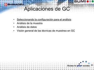 80
Aplicaciones de GC
• Seleccionando la configuración para el análisis
• Análisis de la muestra
• Análisis de datos
• Visión general de las técnicas de muestreo en GC
 