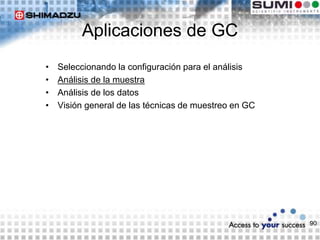 90
Aplicaciones de GC
• Seleccionando la configuración para el análisis
• Análisis de la muestra
• Análisis de los datos
• Visión general de las técnicas de muestreo en GC
 