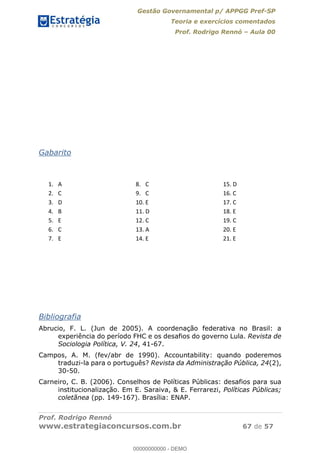 Gestão Governamental p/ APPGG Pref-SP
Teoria e exercícios comentados
Prof. Rodrigo Rennó Aula 00
Prof. Rodrigo Rennó
www.estrategiaconcursos.com.br 67 de 57
Gabarito
1. A
2. C
3. D
4. B
5. E
6. C
7. E
8. C
9. C
10. E
11. D
12. C
13. A
14. E
15. D
16. C
17. C
18. E
19. C
20. E
21. E
Bibliografia
Abrucio, F. L. (Jun de 2005). A coordenação federativa no Brasil: a
experiência do período FHC e os desafios do governo Lula. Revista de
Sociologia Política, V. 24, 41-67.
Campos, A. M. (fev/abr de 1990). Accountability: quando poderemos
traduzi-la para o português? Revista da Administração Pública, 24(2),
30-50.
Carneiro, C. B. (2006). Conselhos de Políticas Públicas: desafios para sua
institucionalização. Em E. Saraiva, & E. Ferrarezi, Políticas Públicas;
coletãnea (pp. 149-167). Brasília: ENAP.
00000000000
00000000000 - DEMO
 
