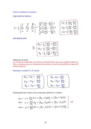 Vamos a establecer los tensores:

GIRO (ROTACIONAL)




DEFORMACIÓN




Definición de tensor:
Un sistema de magnitudes coexistentes y de igual índole, tales que se pueden ordenar en
filas y columnas como los elementos de una matriz, al cual son aplicables las reglas del
cálculo matricial.

Sumando y restando θ y Ω resulta:




Sustituyendo estos valores en las ecuaciones anteriores (1) resulta:




                                            18
 