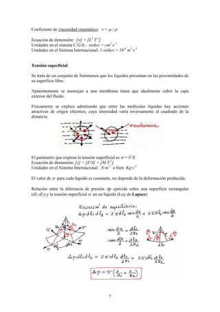 Coeficiente de viscosidad cinemático: ν = µ / ρ

Ecuación de dimensión: [ν] = [L2 T-1]
Unidades en el sistema C.G.S.: stokes = cm2·s-1
Unidades en el Sistema Internacional: 1 stokes = 10-4 m2·s-1


Tensión superficial

Se trata de un conjunto de fenómenos que los líquidos presentan en las proximidades de
su superficie libre.

Aparentemente se asemejan a una membrana tensa que idealmente cubre la capa
exterior del fluido.

Físicamente se explica admitiendo que entre las moléculas líquidas hay acciones
atractivas de origen eléctrico, cuya intensidad varía inversamente al cuadrado de la
distancia




El parámetro que expresa la tensión superficial es σ = F/S
Ecuación de dimensión: [s] = [F/S] = [M T-2]
Unidades en el Sistema Internacional: N·m-2 o bien Kg·s-2

El valor de σ para cada líquido es constante, no depende de la deformación producida.

Relación entre la diferencia de presión ∆p ejercida sobre una superficie rectangular
(dl1·dl2) y la tensión superficial σ en un líquido (Ley de Lapace)




                                           7
 