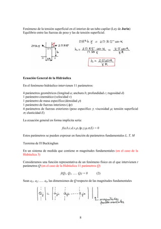 Fenómeno de la tensión superficial en el interior de un tubo capilar (Ley de Jurin)
Equilibrio entre las fuerzas de peso y las de tensión superficial.




Ecuación General de la Hidráulica

En el fenómeno hidráulico intervienen 11 parámetros:

4 parámetros geométricos (longitud a; anchura b; profundidad c; rugosidad d)
1 parámetro cinemático (velocidad v)
1 parámetro de masa específica (densidad ρ)
1 parámetro de fuerzas interiores (∆p)
4 parámetros de fuerzas exteriores (peso específico γ; viscosidad µ; tensión superficial
σ; elasticidad E)

La ecuación general en forma implícita sería:

                              f(a,b,c,d,v,ρ,∆p,γ,µ,σ,E) = 0

Estos parámetros se pueden expresar en función de parámetros fundamentales L, T, M

Teorema de Π Buckinghan

En un sistema de medida que contiene m magnitudes fundamentales (en el caso de la
Hidráulica 3)

Consideramos una función representativa de un fenómeno físico en el que intervienen t
parámetros Q (en el caso de la Hidráulica 11 parámetros Q)

                             f(Q1, Q2, ….. Qt) = 0       (2)

Sean aj1, aj2 ….. ajn las dimensiones de Q respecto de las magnitudes fundamentales




                                           8
 