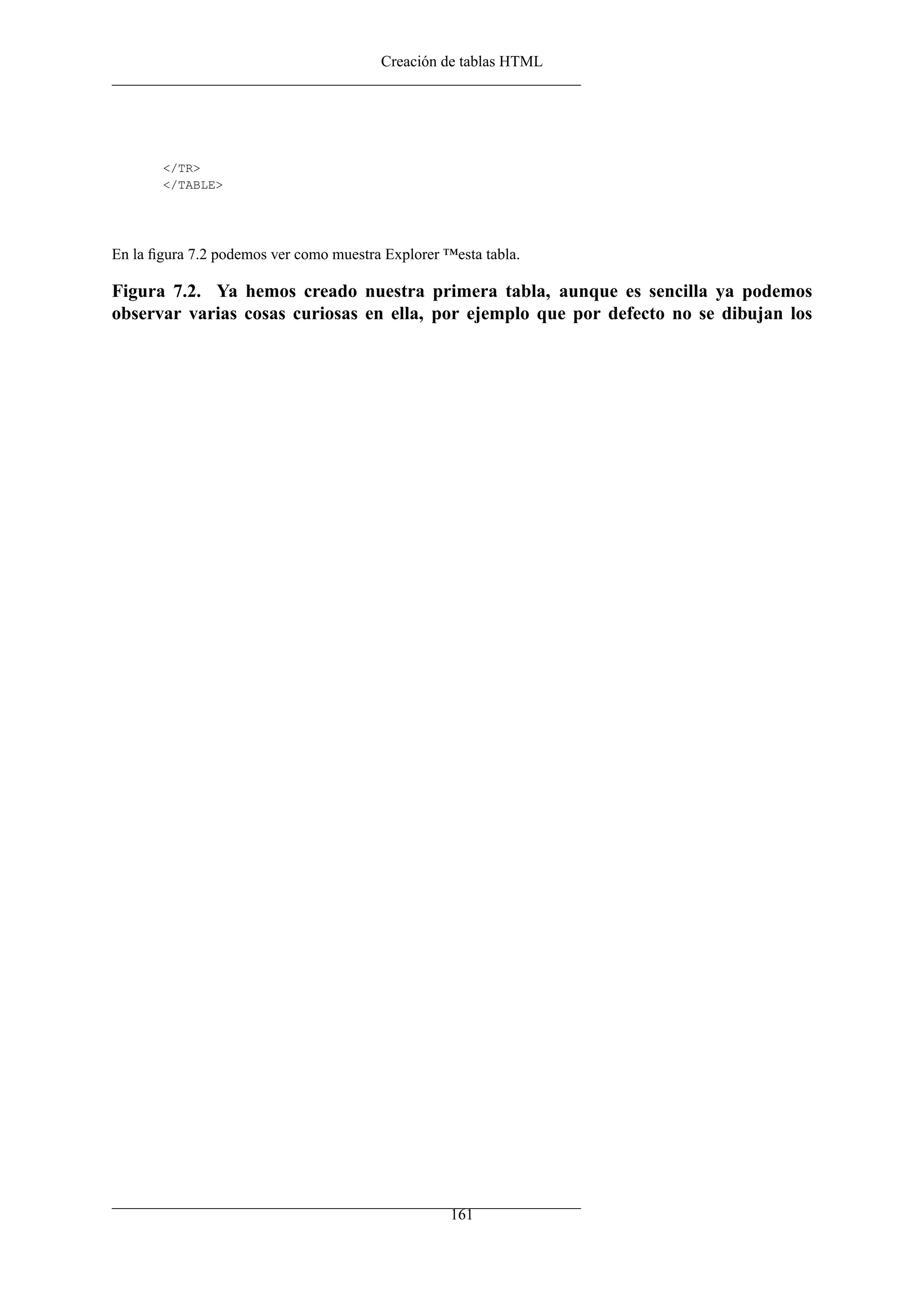 Creación de tablas HTML




       </TR>
       </TABLE>




En la ﬁgura 7.2 podemos ver como muestra Explorer ™esta tabla.

Figura 7.2. Ya hemos creado nuestra primera tabla, aunque es sencilla ya podemos
observar varias cosas curiosas en ella, por ejemplo que por defecto no se dibujan los




                                                   161
 
