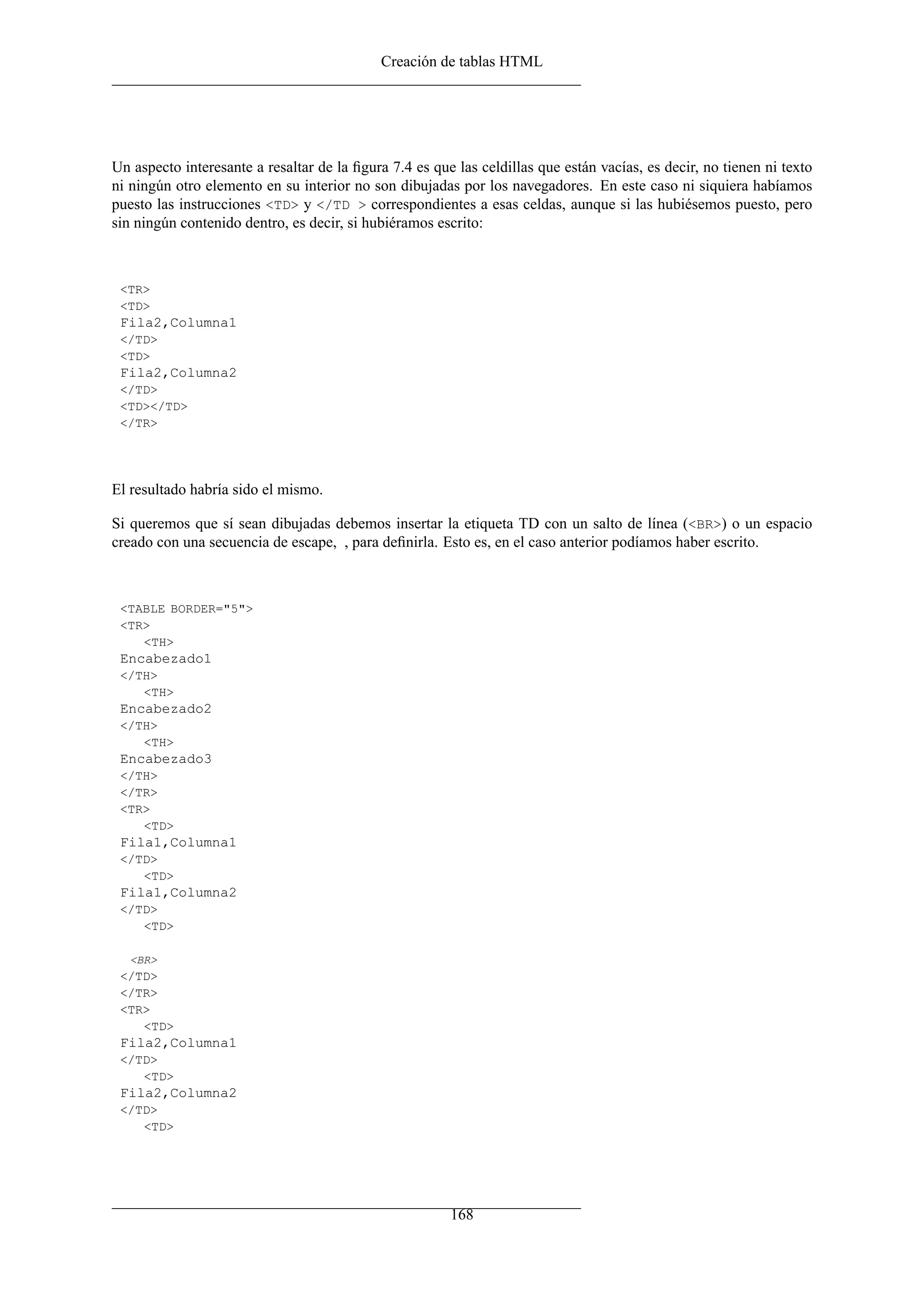 Creación de tablas HTML




Un aspecto interesante a resaltar de la ﬁgura 7.4 es que las celdillas que están vacías, es decir, no tienen ni texto
ni ningún otro elemento en su interior no son dibujadas por los navegadores. En este caso ni siquiera habíamos
puesto las instrucciones <TD> y </TD > correspondientes a esas celdas, aunque si las hubiésemos puesto, pero
sin ningún contenido dentro, es decir, si hubiéramos escrito:



 <TR>
 <TD>
 Fila2,Columna1
 </TD>
 <TD>
 Fila2,Columna2
 </TD>
 <TD></TD>
 </TR>




El resultado habría sido el mismo.

Si queremos que sí sean dibujadas debemos insertar la etiqueta TD con un salto de línea (<BR>) o un espacio
creado con una secuencia de escape, , para deﬁnirla. Esto es, en el caso anterior podíamos haber escrito.



 <TABLE BORDER="5">
 <TR>
    <TH>
 Encabezado1
 </TH>
    <TH>
 Encabezado2
 </TH>
    <TH>
 Encabezado3
 </TH>
 </TR>
 <TR>
    <TD>
 Fila1,Columna1
 </TD>
    <TD>
 Fila1,Columna2
 </TD>
    <TD>

   <BR>
 </TD>
 </TR>
 <TR>
    <TD>
 Fila2,Columna1
 </TD>
    <TD>
 Fila2,Columna2
 </TD>
    <TD>




                                                        168
 