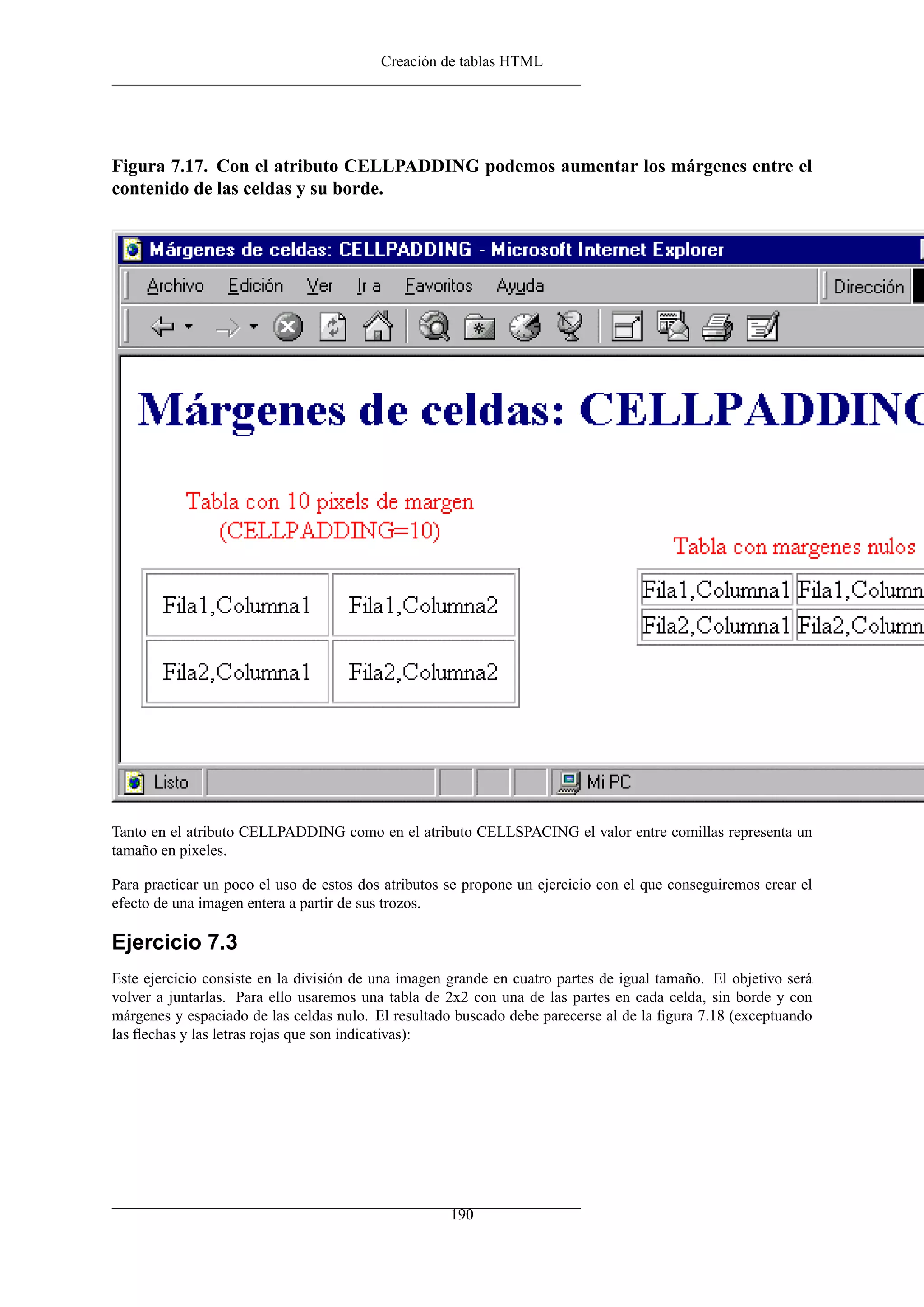 Creación de tablas HTML




Figura 7.17. Con el atributo CELLPADDING podemos aumentar los márgenes entre el
contenido de las celdas y su borde.




Tanto en el atributo CELLPADDING como en el atributo CELLSPACING el valor entre comillas representa un
tamaño en pixeles.

Para practicar un poco el uso de estos dos atributos se propone un ejercicio con el que conseguiremos crear el
efecto de una imagen entera a partir de sus trozos.

Ejercicio 7.3
Este ejercicio consiste en la división de una imagen grande en cuatro partes de igual tamaño. El objetivo será
volver a juntarlas. Para ello usaremos una tabla de 2x2 con una de las partes en cada celda, sin borde y con
márgenes y espaciado de las celdas nulo. El resultado buscado debe parecerse al de la ﬁgura 7.18 (exceptuando
las ﬂechas y las letras rojas que son indicativas):




                                                     190
 