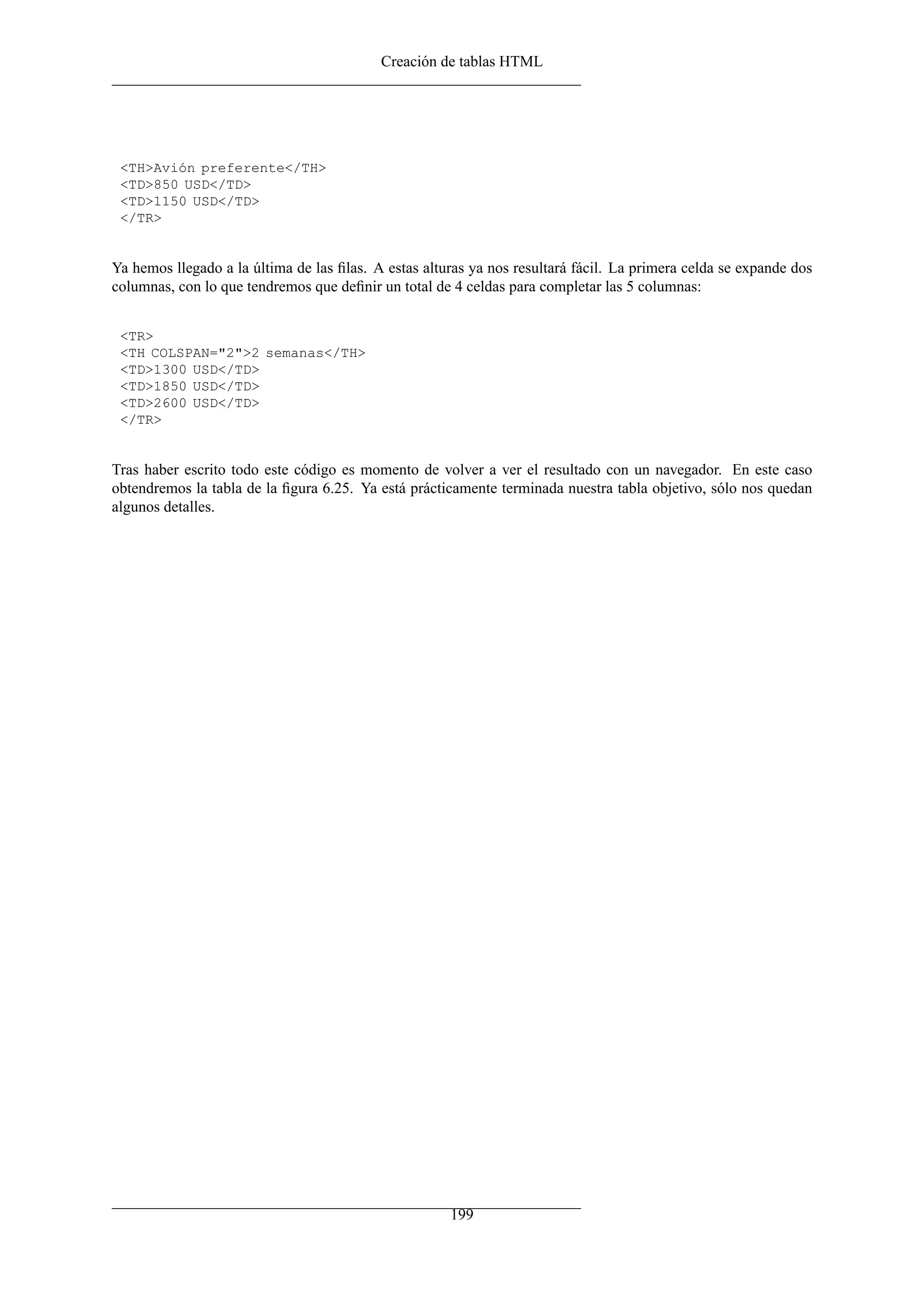 Creación de tablas HTML




 <TH>Avión preferente</TH>
 <TD>850 USD</TD>
 <TD>1150 USD</TD>
 </TR>


Ya hemos llegado a la última de las ﬁlas. A estas alturas ya nos resultará fácil. La primera celda se expande dos
columnas, con lo que tendremos que deﬁnir un total de 4 celdas para completar las 5 columnas:


 <TR>
 <TH COLSPAN="2">2 semanas</TH>
 <TD>1300 USD</TD>
 <TD>1850 USD</TD>
 <TD>2600 USD</TD>
 </TR>


Tras haber escrito todo este código es momento de volver a ver el resultado con un navegador. En este caso
obtendremos la tabla de la ﬁgura 6.25. Ya está prácticamente terminada nuestra tabla objetivo, sólo nos quedan
algunos detalles.




                                                      199
 