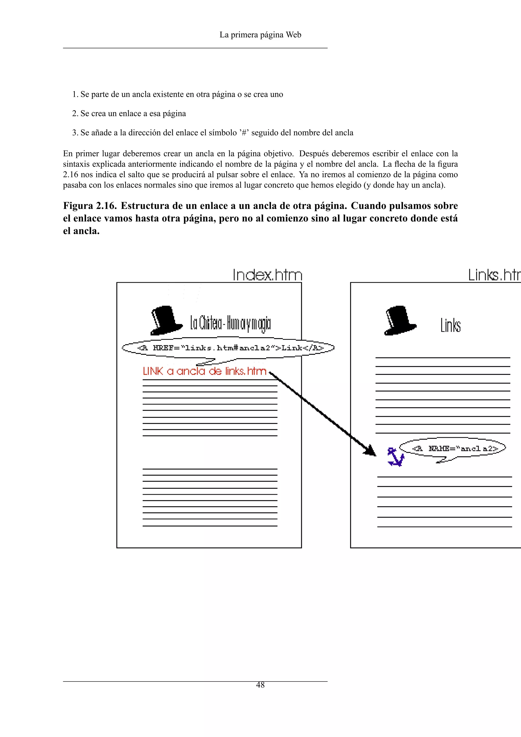 La primera página Web




  1. Se parte de un ancla existente en otra página o se crea uno

  2. Se crea un enlace a esa página

  3. Se añade a la dirección del enlace el símbolo ’#’ seguido del nombre del ancla

En primer lugar deberemos crear un ancla en la página objetivo. Después deberemos escribir el enlace con la
sintaxis explicada anteriormente indicando el nombre de la página y el nombre del ancla. La ﬂecha de la ﬁgura
2.16 nos indica el salto que se producirá al pulsar sobre el enlace. Ya no iremos al comienzo de la página como
pasaba con los enlaces normales sino que iremos al lugar concreto que hemos elegido (y donde hay un ancla).

Figura 2.16. Estructura de un enlace a un ancla de otra página. Cuando pulsamos sobre
el enlace vamos hasta otra página, pero no al comienzo sino al lugar concreto donde está
el ancla.




                                                        48
 