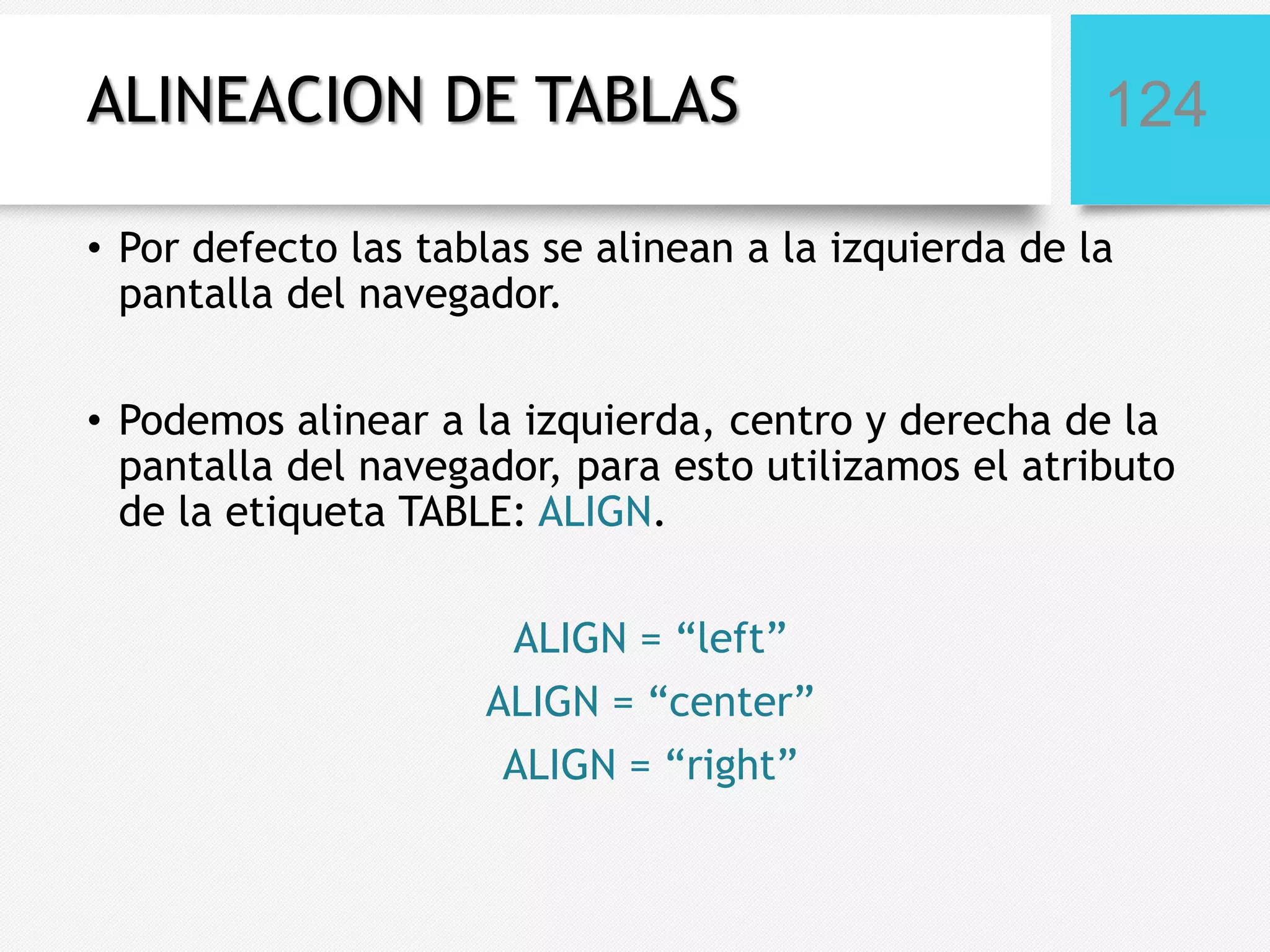 ALINEACION DE TABLAS

124

• Por defecto las tablas se alinean a la izquierda de la
pantalla del navegador.
• Podemos alinear a la izquierda, centro y derecha de la
pantalla del navegador, para esto utilizamos el atributo
de la etiqueta TABLE: ALIGN.
ALIGN = “left”
ALIGN = “center”
ALIGN = “right”

 