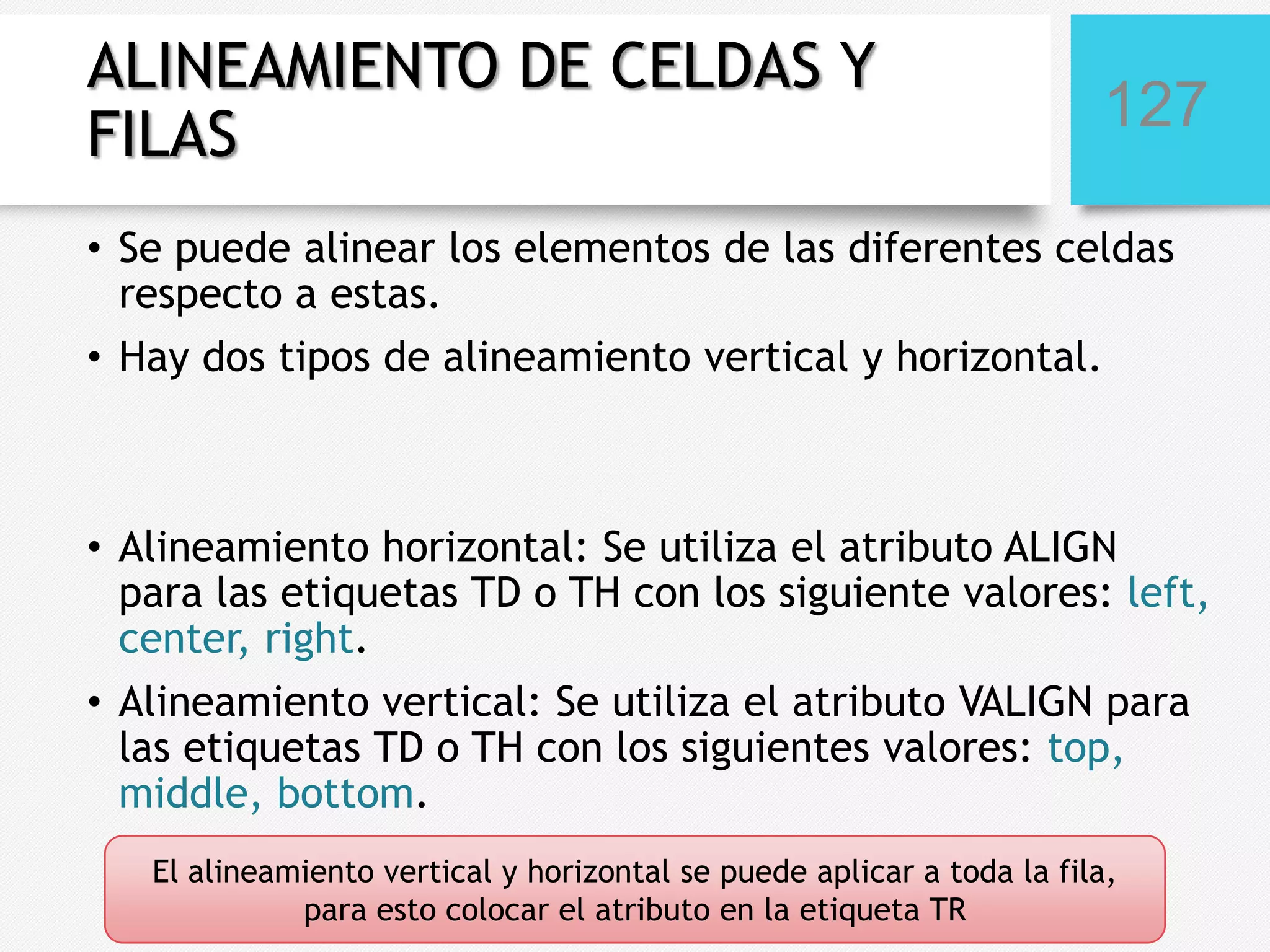 ALINEAMIENTO DE CELDAS Y
FILAS

127

• Se puede alinear los elementos de las diferentes celdas
respecto a estas.
• Hay dos tipos de alineamiento vertical y horizontal.

• Alineamiento horizontal: Se utiliza el atributo ALIGN
para las etiquetas TD o TH con los siguiente valores: left,
center, right.
• Alineamiento vertical: Se utiliza el atributo VALIGN para
las etiquetas TD o TH con los siguientes valores: top,
middle, bottom.
El alineamiento vertical y horizontal se puede aplicar a toda la fila,
para esto colocar el atributo en la etiqueta TR

 